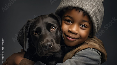 copy space, stockphoto, realistic, National Love Your Pet Day. Little black boy hugging his dog. Peaceful scene. Love and friendship between an animal, dog and boy, owner.