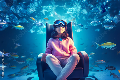 Child in a virtual reality headset sits in an armchair, immersed in an underwater scene with fish, symbolizing modern entertainment and the immersion of VR technology photo