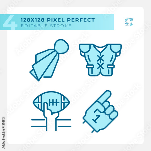 Football game elements light blue icons. Fan support. Game day. American football match. Player uniform. RGB color. Website icons set. Simple design element. Contour drawing. Line illustration