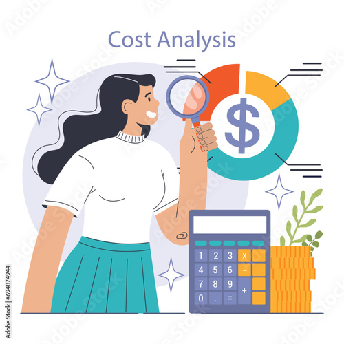 Reducing the cost of production. Automatization and effective optimization of manufacturing expense. Balance of costs and income. Flat vector illustration