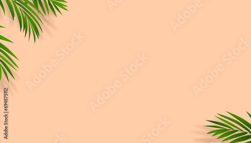 Peach Fuzz Background with Coconut Palm Leaves Shadow.Vector Banner for Spring Summer,Backdrop Web Design Banner with copy space for Text for Cosmetic Skincare, Beauty Product Present Sale, Promotion