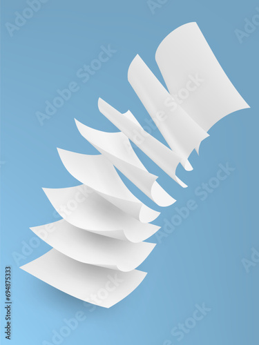 3D White Paper Sheets Flying On Blue Background
