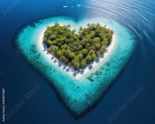 A serene heart-shaped tropical island surrounded by sapphire blue ocean waters from above