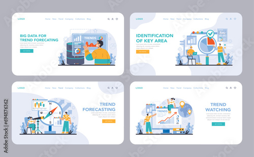 Trend watching web or landing set. Specialist tracking new business trends. Forecasting, data analysis and promotion strategy development. Flat vector illustration