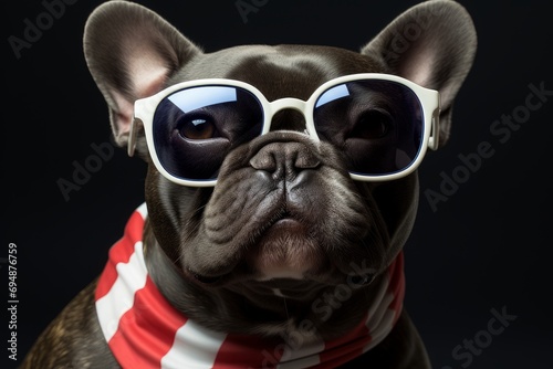 French Bulldog Frenchie Wearing Red White and Blue Sunglasses © thawats