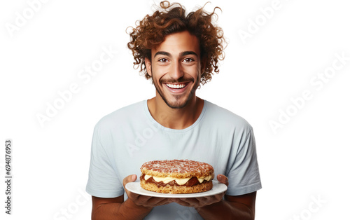 Handsome Male Holding Walnut Cake Isolated on Transparent Background PNG.