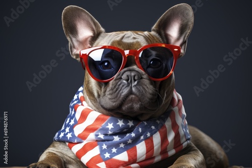 French Bulldog Frenchie Wearing Red White and Blue Sunglasses