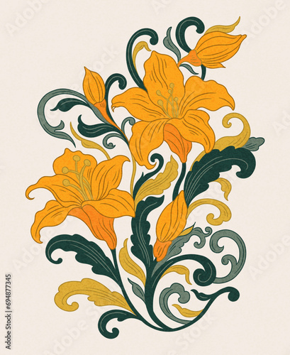 Floral lily easter plant in art nouveau 1920-1930. Hand drawn lily with weaves of lines, leaves and flowers.