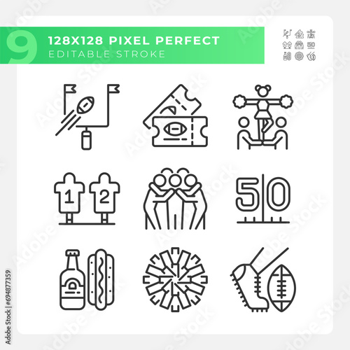 Game day linear icons set. Cheerleading. Goal and kickoff. Team spirit. American football match. Customizable thin line symbols. Isolated vector outline illustrations. Editable stroke