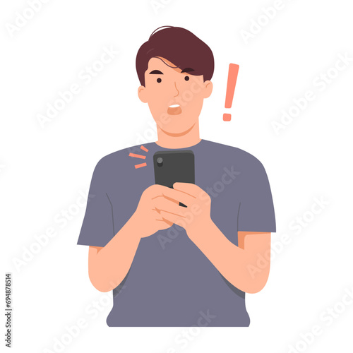 Man sends or receives a message using a smartphone. Face looks shocked when seeing message notification. 
