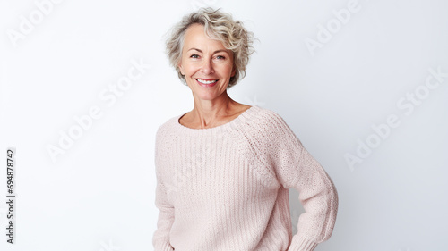 Portrait photography of a beautiful middle-aged woman in her 50s that is wearing a sweather against a white background. photo