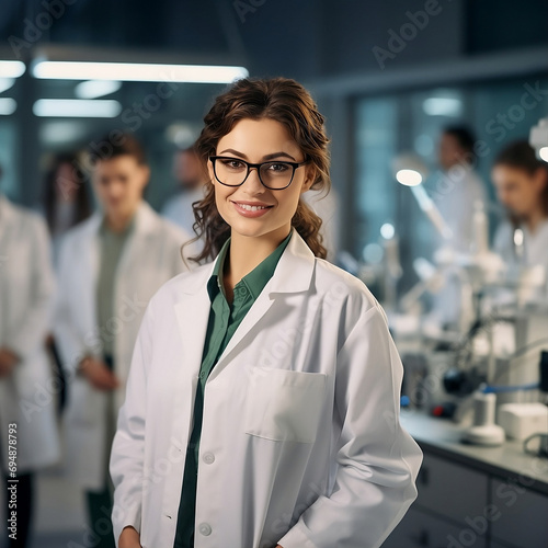 Scientist of a beautiful young woman in glasses wearing lab coats in her lab