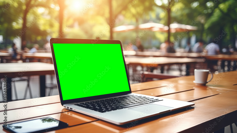A modern laptop stands on a table with a green screen. Mockup for your advertising on a monitor, laptop against a blurred background of an office, coworking space, cafe A modern laptop stands on a table with a green screen. Mockup for your advertising on a monitor, laptop against a blurred background of an office, coworking space, cafe
