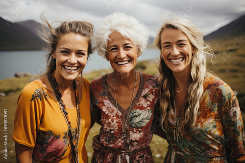 Senior mother and two adult sister daughters hijing outdoors at summer vacation. photo