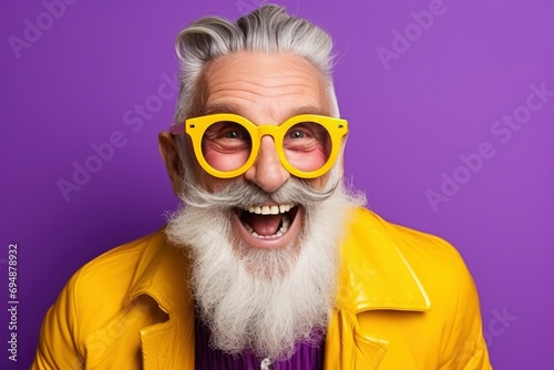 Portrait of cheerful elderly gray-haired bearded grandfather in funny sunglasses and bright extravagant clothes on plain purple background. Retired hipster, seniors party, carnival photo