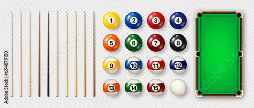 Billiard balls with numbers, various cues and green pool table. Glossy snooker ball. Sports equipment, recreation and hobby, competitive game. Vector illustration