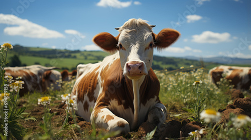 Well-groomed cow in the field.Farm life. Cow in the pasture