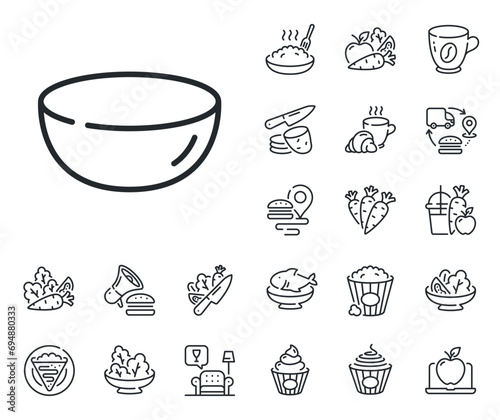 Tableware plate sign. Crepe, sweet popcorn and salad outline icons. Bowl dish line icon. Food kitchenware symbol. Bowl dish line sign. Pasta spaghetti, fresh juice icon. Supply chain. Vector