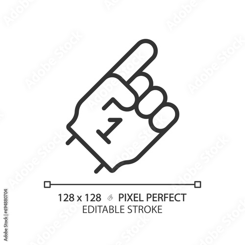 Foam finger linear icon. Football fan accessory. Supporting football team. Sporting event merchandise. Thin line illustration. Contour symbol. Vector outline drawing. Editable stroke
