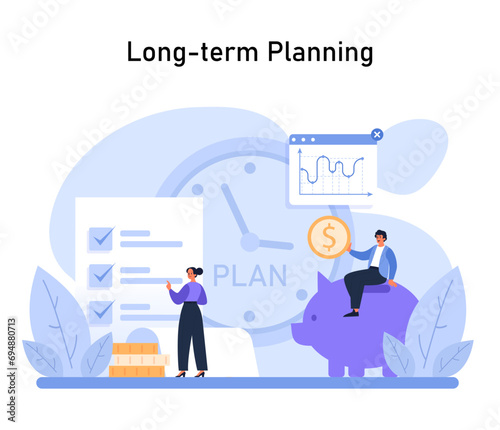 Long-term Planning concept. Highlights the importance of strategic foresight in financial investments for sustained growth. Flat vector illustration