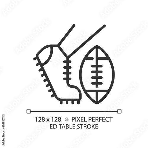 Kickoff linear icon. American football match. Initial kick of game. Kicking pigskin ball in center of football field. Thin line illustration. Contour symbol. Vector outline drawing. Editable stroke