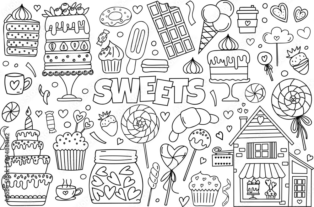 Hand-Drawn Vector Doodle Set Features A Stress-Relief Coloring Page Theme Of Sweets, Including An Array Of Cakes, Candies, Cupcakes, Ice Cream, And More, Making It A Cute Coloring Book