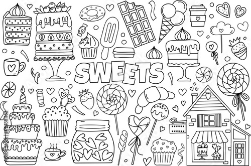 Hand-Drawn Vector Doodle Set Features A Stress-Relief Coloring Page Theme Of Sweets  Including An Array Of Cakes  Candies  Cupcakes  Ice Cream  And More  Making It A Cute Coloring Book