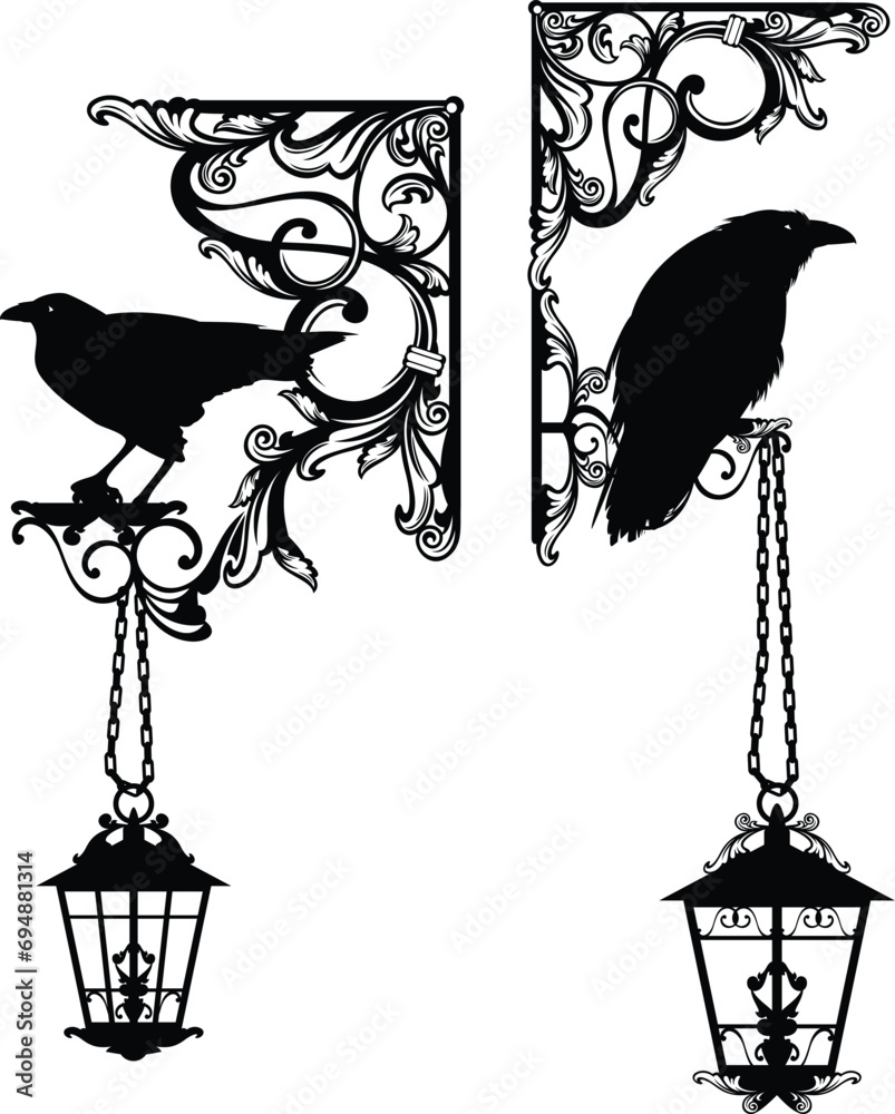 Fototapeta premium antique style page decoration corner with raven birds and hanging street lamps - black and white vector decorative design for witchcraft and sorcery concept