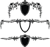 fairy tale knight sword, shield and rose flowers black and white vector calligraphic page divider silhouette design set