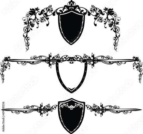 fairy tale knight sword, shield and rose flowers black and white vector calligraphic page divider silhouette design set