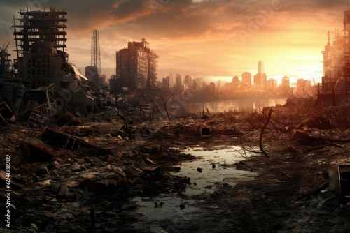 Destroyed city after the war. Dramatic scene of the fuming city  Bombed out and burning  Human suffering for war Ai generated
