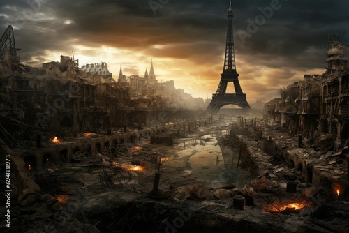 Destroyed city after the war. Dramatic scene of the fuming city, Bombed out and burning, Human suffering for war Ai generated © Tanu
