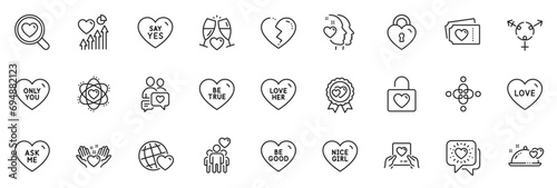 Icons pack as Love lock, Love her and Wedding glasses line icons for app include Friends world, Hold heart, Be good outline thin icon web set. Ask me, Genders, Heart pictogram. Nice girl. Vector