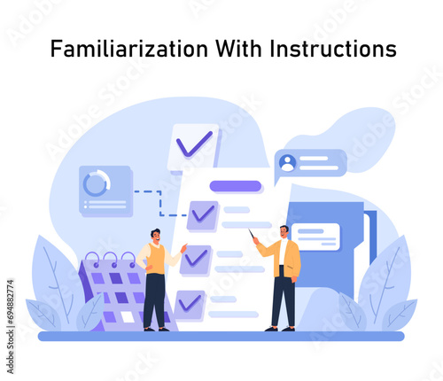 Familiarization With Instructions concept. Employees interact with a checklist, ensuring all tasks and guidelines are acknowledged. Calendar and chat bubbles accentuate the process. Flat vector.