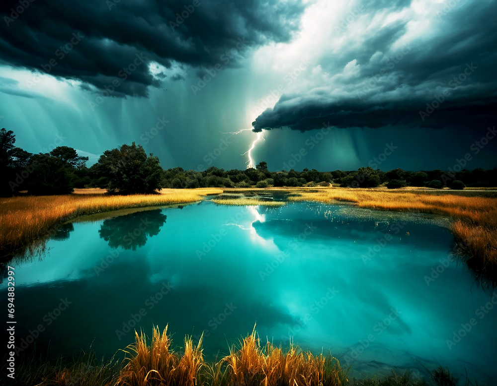 Minimal, cinematic, tranquil pond, tornado, dark teal and amber, 