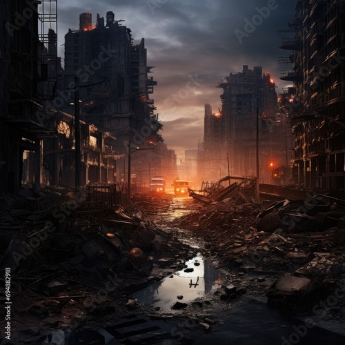 Destroyed city after the war. Dramatic scene of the fuming city, Bombed out and burning, Human suffering for war Ai generated © Tanu