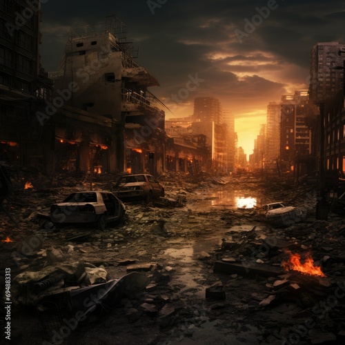 Destroyed city after the war. Dramatic scene of the fuming city, Bombed out and burning, Human suffering for war Ai generated