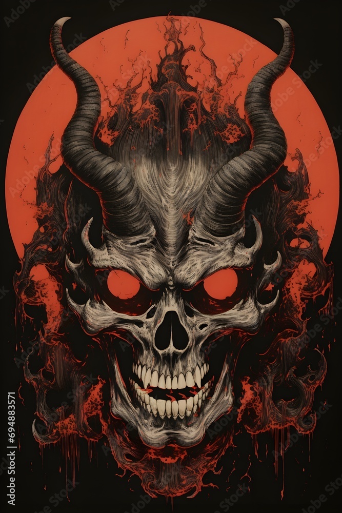 Fototapeta premium Japanese demon skull devil, woodblock print