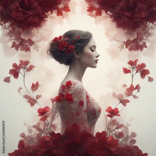 Ethereal woman in red with flowers