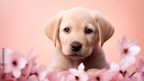 Adorable Labrador puppy among pink blooming flowers. Spring banner with puppy and flowers, pet love. Pet care concept. Puppy's portrait with pink flowers on pink background, greeting card template