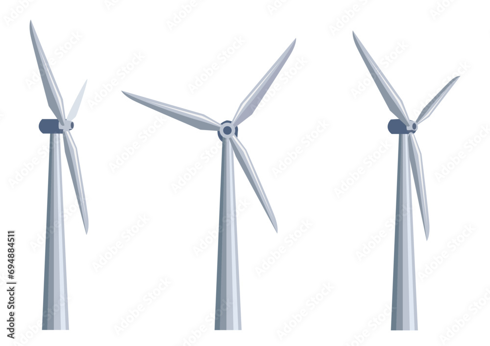 Vector set of wind generators from different angles in a flat style on a white background. Green energy. Protection of ecology and environment. Vector set of wind generators from different angles in a flat style on a white background. Green energy. Protection of ecology and environment.
