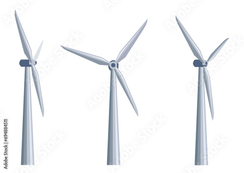Vector set of wind generators from different angles in a flat style on a white background. Green energy. Protection of ecology and environment.