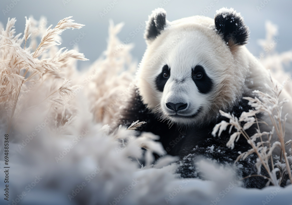 Fototapeta premium Big panda in the snow-covered grassland. Snowy winter. Ai generated 