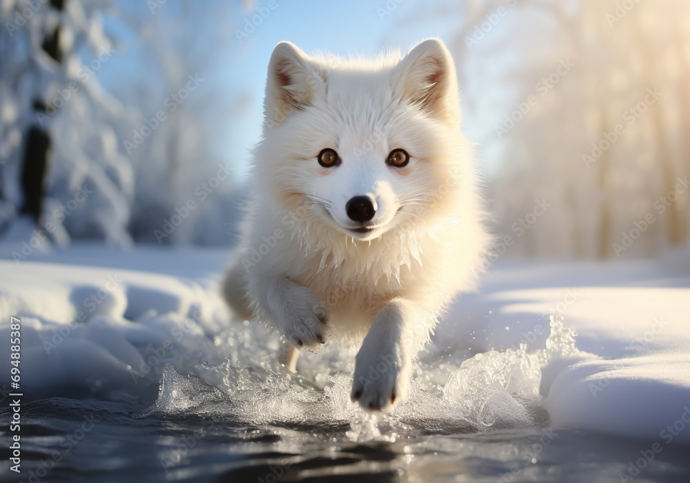 Fox on the snowy ground looking at us. AI generated
