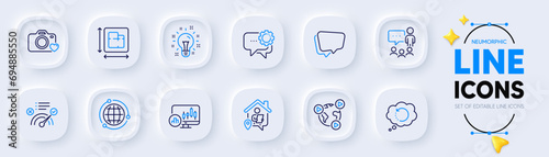 Candlestick chart, Employees messenger and Speech bubble line icons for web app. Pack of Photo camera, People chatting, Work home pictogram icons. Globe, Idea, Recovery data signs. Vector