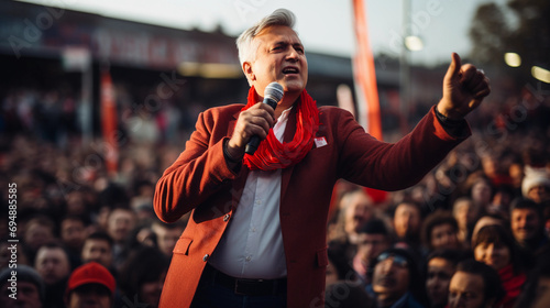 Charismatic politician's portrait at a rally, crowd in soft focus background, vibrant energy, speaking gesture © Marco Attano