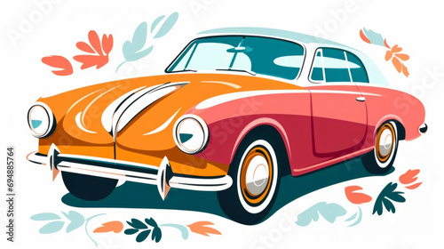 Floral car illustration in naive styles. Colorful transport in flowers and plants.