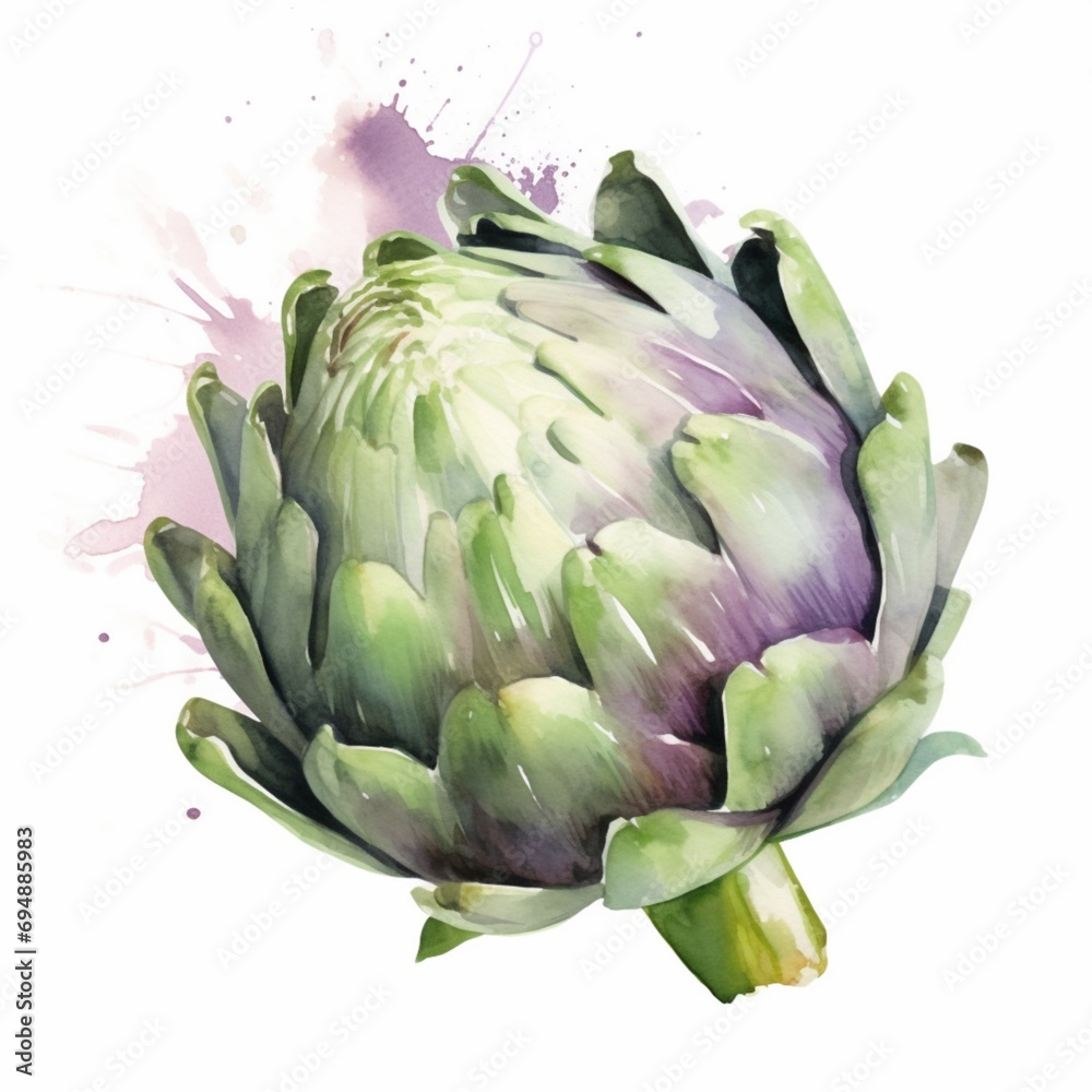 Fototapeta premium Handpainted watercolor poster with artichokes isolated on white background