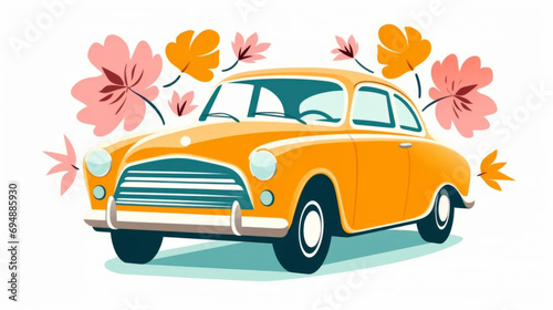 Floral car illustration in naive styles. Colorful transport in flowers and plants.