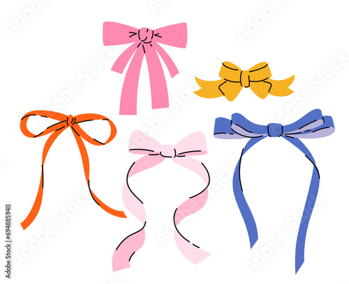 Set of various cartoon bow knots, gift ribbons. Trendy hair braiding accessory. Hand drawn vector illustration.